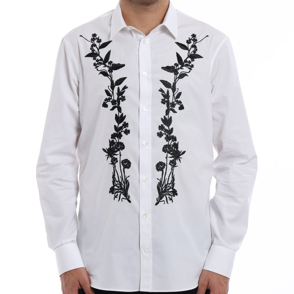 Alexander McQueen Men's White Floral Embroidered Cotton Shirt